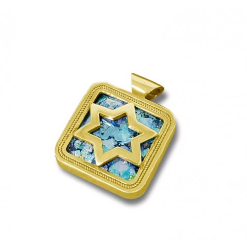 14K Gold Pendant, Star of David on Roman Glass with Square Decorative Frame
