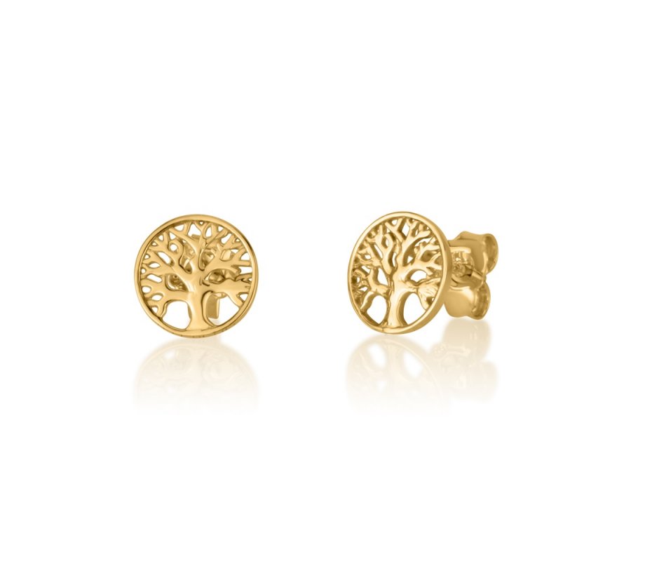 14K Yellow Gold Stud Earrings - Framed Tree of Life Framed in a Circle