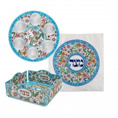 3 Piece Pesach Set, Plate and Cover and Tray with Spring Flowers Motif - Dorit Judaica