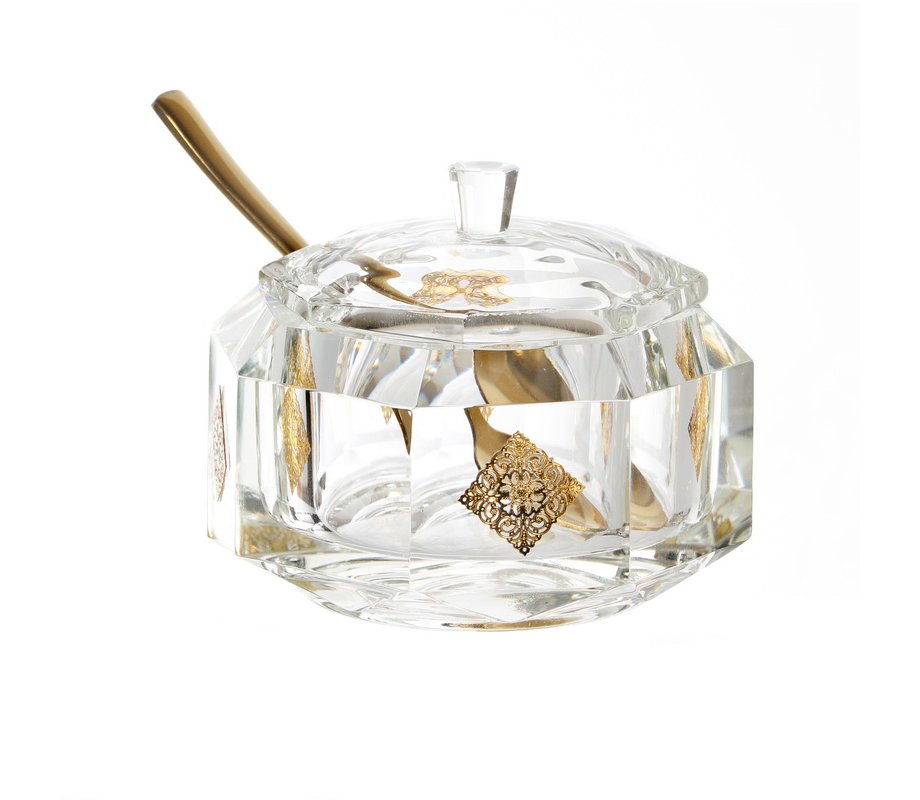 3-Piece Gleaming Lead Crystal Honey Dish with Filigree Plaque - For Rosh Hashanah