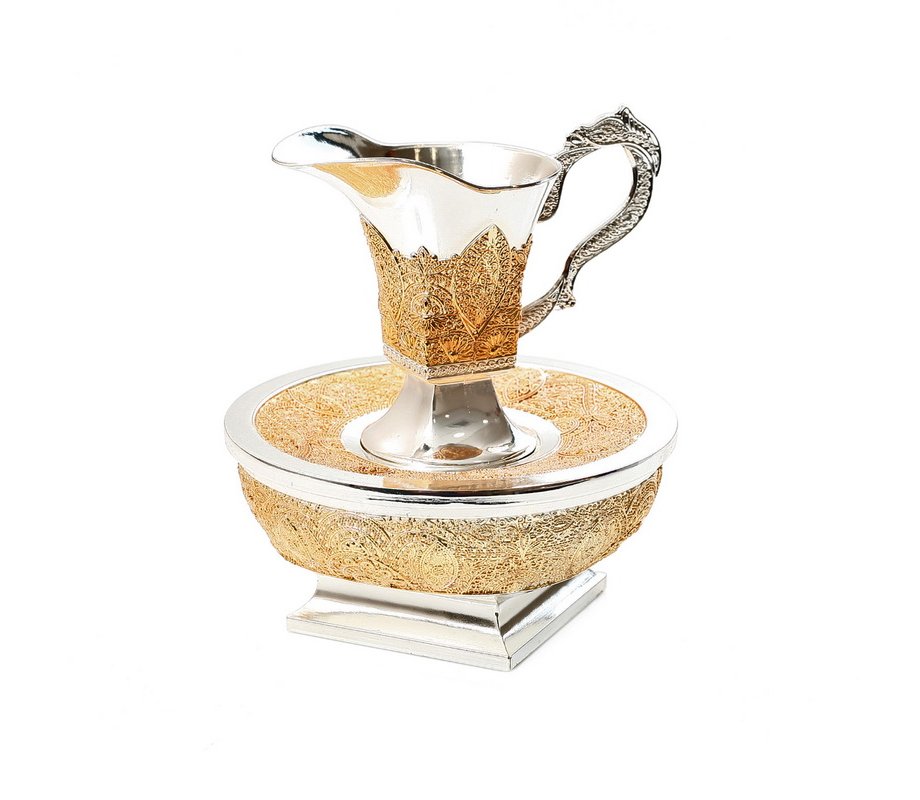 3-Piece Silver Plated Mayim Achronim Set with Gold Filigree Decoration