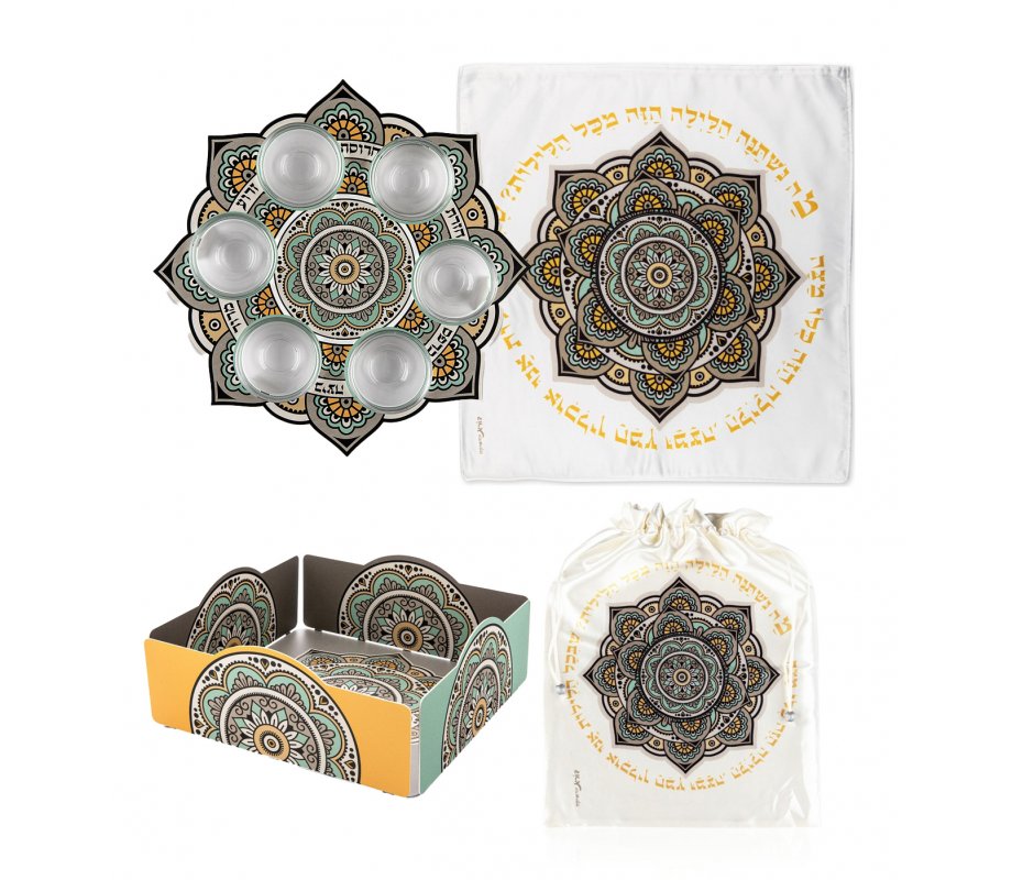 4 Pce Pesach Set: Seder Plate Matzah Tray Matzah Covers with Mandala - Dorit Judaica