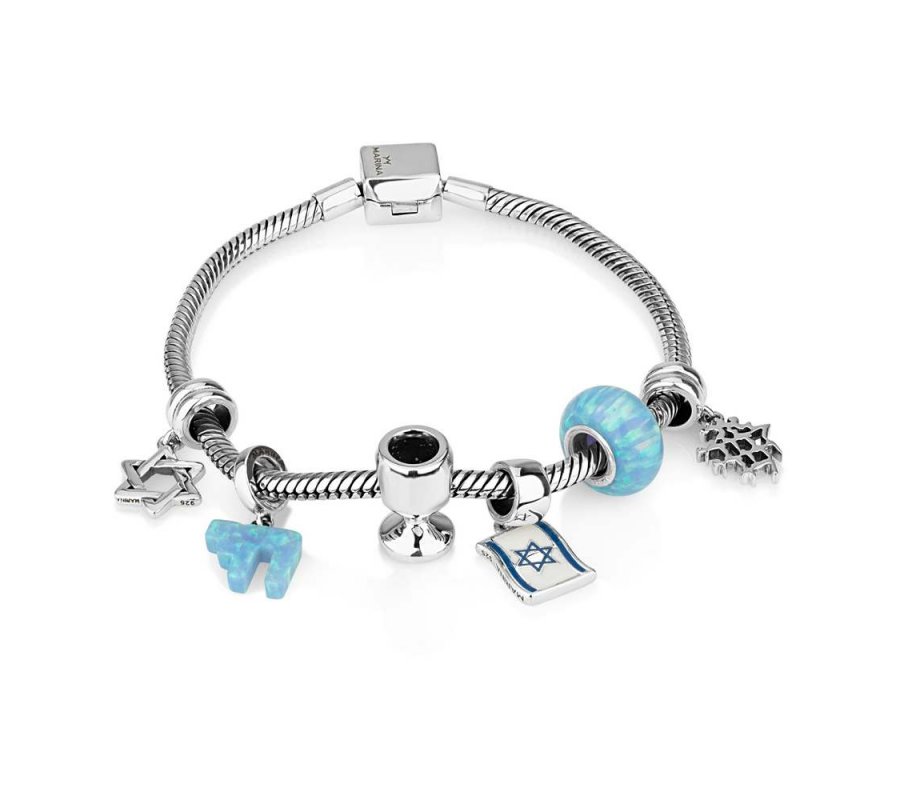 6 Judaica Charm Silver Bracelet - Shades of Blue