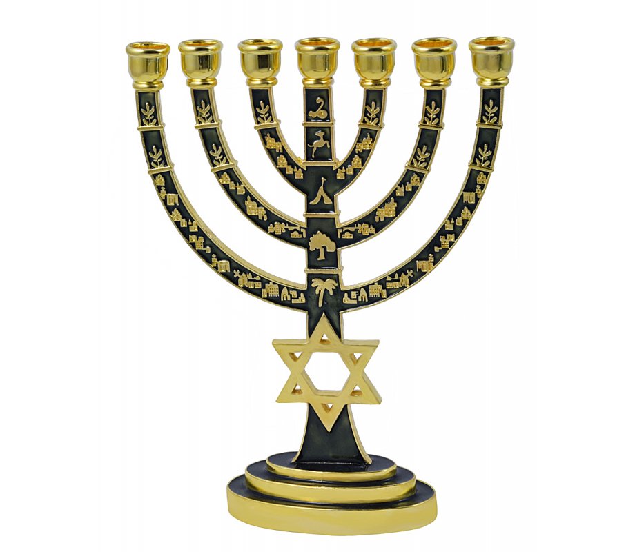 7-Branch Menorah, Gold with Green Enamel Star of David and Judaic Symbols - 9.5”