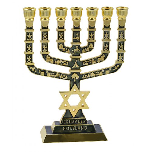 7-Branch Menorah with Judaic & Jerusalem Images & Star of David, Dark Green - 9.5