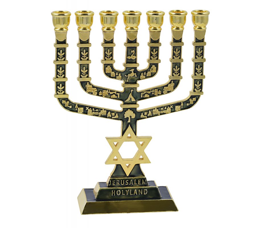 7-Branch Menorah with Judaic & Jerusalem Images & Star of David, Dark Green - 9.5