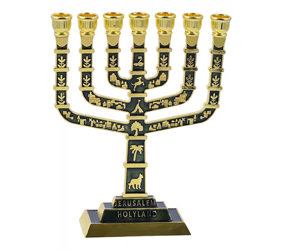 7-Branch Menorah with Judaic Motifs & Jerusalem Images, Gold and Dark Green - 9.5”