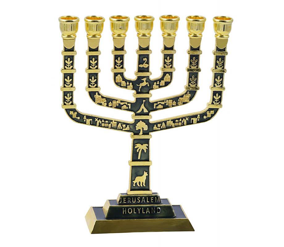 7-Branch Menorah with Judaic Motifs & Jerusalem Images, Gold and Dark Green - 9.5”