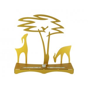 Hanukkah Menorah with Acacia Tree, Deer and Bird, Gold - Shraga Landesman
