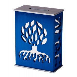 Blue Tzedakah Box by Agayof - Tree of Life Design