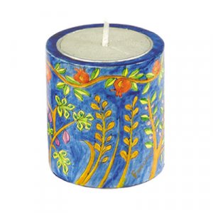 Yahrzeit Memorial Hand Painted Wood Candle Holder, Seven Species - Yair Emanuel