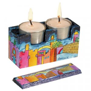 Hand Painted Travel Shabbat Candlesticks in Wood Box, Jerusalem - Yair Emanuel