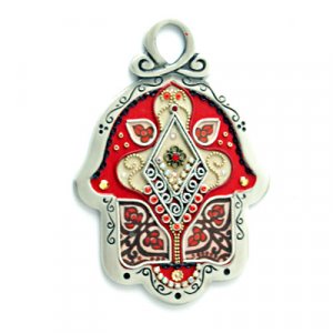 Shahaf Wall Hamsa in Red and Cream Flower Design