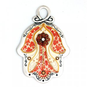 Intricate Red Design Wall Hamsa by Ester Shahaf