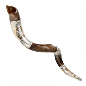 Sterling Silver Decorated Yemenite Shofar -Breastplate, Menorah, Olive Design