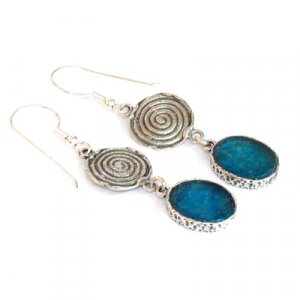 Sterling Silver Dangle Roman Glass Earrings with Decorative Swirl Disc - Michal Kirat