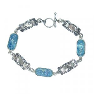 Sterling Silver Bracelet with Oblong Roman Glass and Engraved Links  Michal Kirat