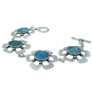 Bracelet of Hammered Sterling Silver Petalled Flowers with Roman Glass Center
