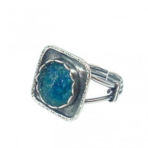 Sterling Silver Square Ring with Roman Glass in Flower Frame, Adjustable - Michal Kirat