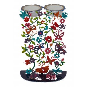 Hand Painted Metal Sabbath Candlesticks, Butterfly and Flowers - Yair Emanuel