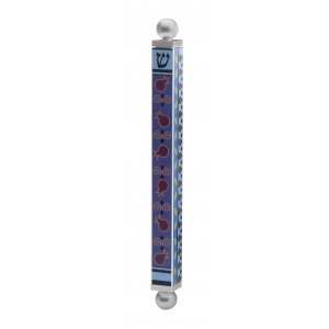 Aluminum Mezuzah Case Blue and Red Pomegranate Design - Dorit Judaica