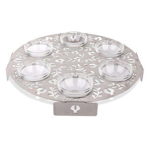 Laser Cut Round Seder Plate with Cutout Pomegranates, Glass Bowls - Dorit Judaica