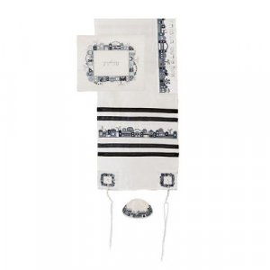 White Polysilk Tallit Set Black-Gray Embroidered Jerusalem Design - Yair Emanuel