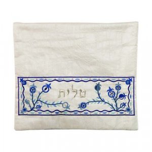 Embroidered Tallit and Tefillin Bags, Blue Pomegranates on Off White - Yair Emanuel