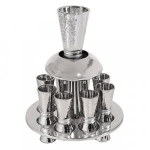 Hammered Nickel Kiddush Fountain on Tray with 8 Cups, Silver Rings - Yair Emanuel