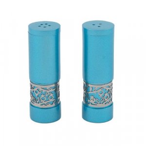 Turquoise Aluminum Salt and Pepper Set, Ornate Pomegranate Band - Yair Emanuel