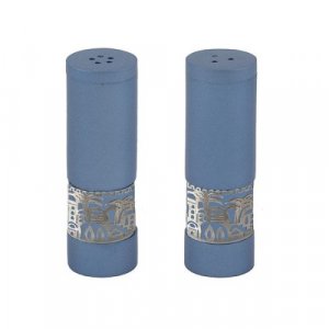 Blue Aluminum Salt and Pepper Set with Ornate Jerusalem Band - Yair Emanuel