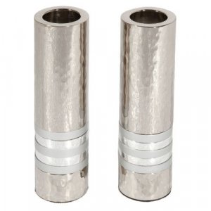Hammered Nickel Cylinder Candlesticks with Silver Rings - Yair Emanuel