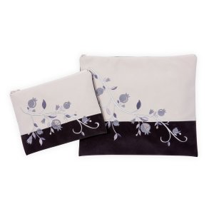 Impala Tallit Bag Set Off-White and Gray, Embroidery Silver Pomegranates - Ronit Gur