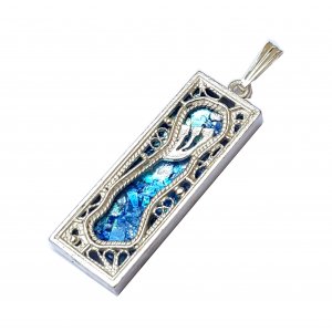 Mezuzah Pendant Necklace of Sterling Silver with Roman Glass and Filigree