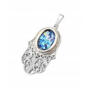 Scrolling Filigree Sterling Silver Hamsa Pendant Necklace with Roman Glass