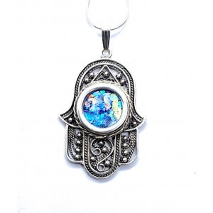 Roman Glass Sterling Silver Hamsa Pendant Necklace with Beaded Filigree