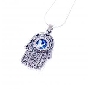 Sterling Silver Hamsa Pendant Necklace with Roman Glass and Curving Filigree