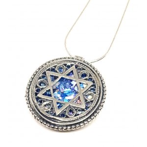 Filigree 925 Sterling Silver Roman Glass Necklace with Star of David
