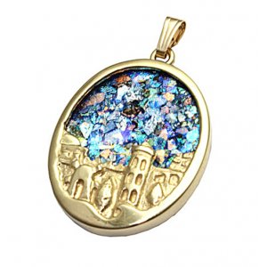14K Gold Oval Pendant with Sculpted Jerusalem Image and Roman Glass
