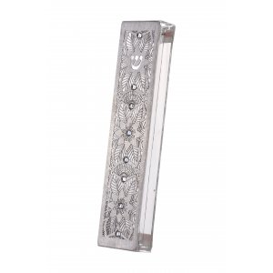 Acrylic Steel Mezuzah Case, Cutout Leaf Design with Clear Crystals - Dorit Judaica