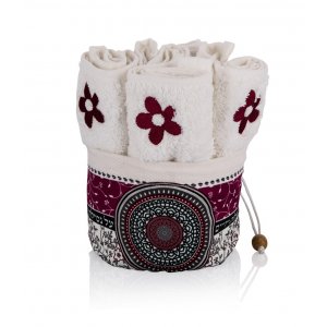 Six Flower Hand Washing Towels in Maroon Mandala Decorated Holder - Dorit Judaica
