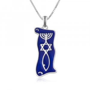 Pendant Necklace Menorah Star and Fish Symbol - Sterling Silver and Blue Enamel