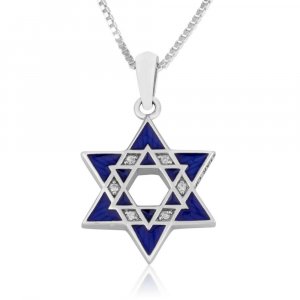 Sterling Silver Pendant Necklace, Double Star of David  Blue Enamel and Crystals