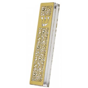 Gold Stainless Steel Acrylic Mezuzah Case with Crystals, Flowers - Dorit Judaica