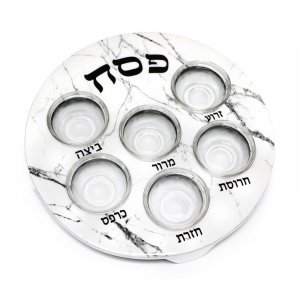 Passover Pesach Plate for Seder, Glass Bowls - White with Gray Marble Design