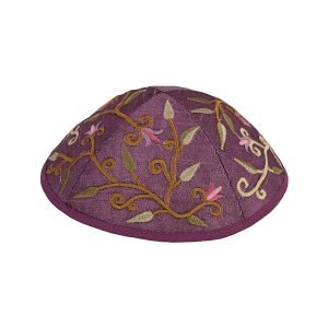 Embroidered Kippah with Flowers and Leaves, Purple- Yair Emanuel