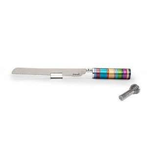 Challah Knife with Mini Salt Shaker and Stand, Colorful Bands Handle  Yair Emanuel