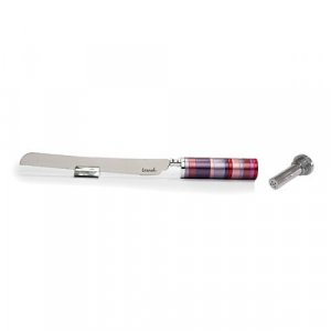 Challah Knife with Mini Salt Shaker and Stand, Maroon Bands on Handle - Yair Emanuel