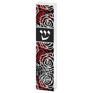 Contemporary Style Mezuzah Case, Red and White Flowers on Black - Dorit Judaica