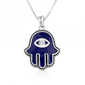 Pendant Necklace with Blue Enamel Hamsa Pendant - Protective Eye with Stone